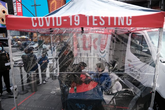 A COVID-19 testing tent stands in Times Square on April 27th, 2022 in New York City.